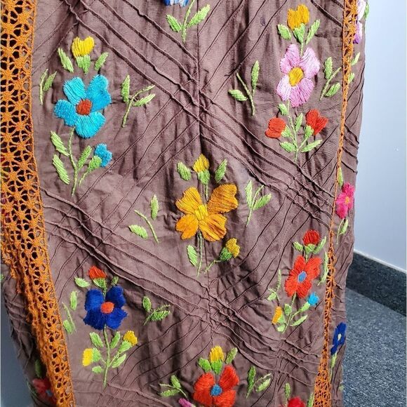 VINTAGE 70s dress‎ brown crochet embroidered bell sleeve maxi cottagecore M - Picture 8 of 10